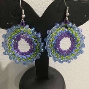 Beaded peyote earrings in blue and green